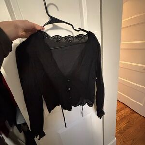 J. Crew Black Scallop-trim tie-front top